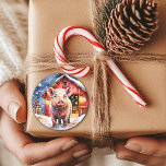 Cute Rustic Christmas Pig and Barn Classic Round Sticker<br><div class="desc">Cute Christmas pig themed stickers with a watercolor style hog standing in front of a barn on a snowy winter day.</div>