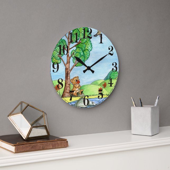 Cute Rustic Country Bear With Flowers Large Clock (Office)
