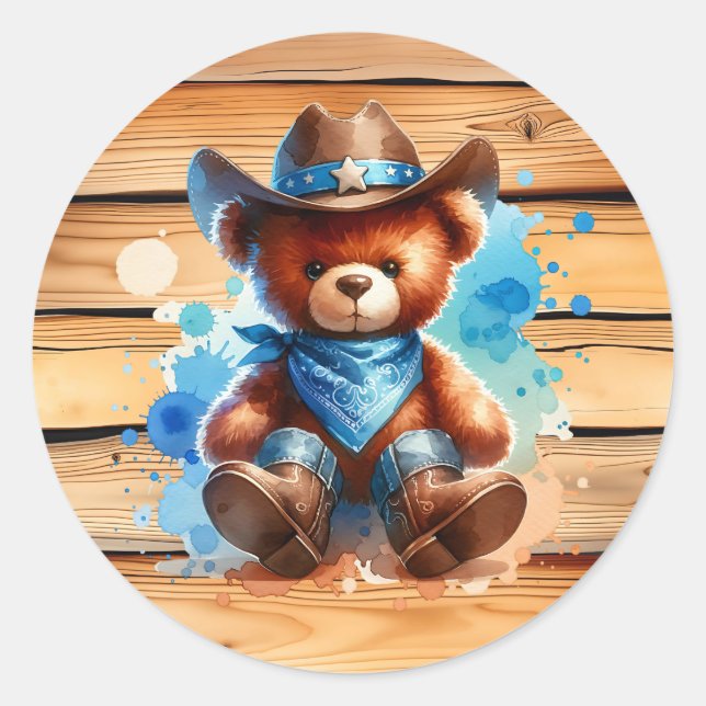 Cute Rustic Cowboy Teddy Bear Boy's Baby Shower Classic Round Sticker (Front)