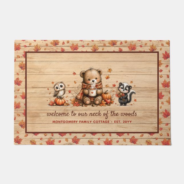 Cute Rustic Fall Woodland Animals Personalized Doormat (Front)