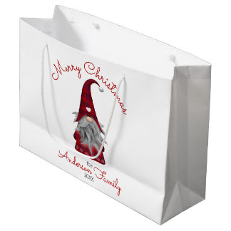 Cute Rustic Family Name Merry Christmas Gnome Large Gift Bag
