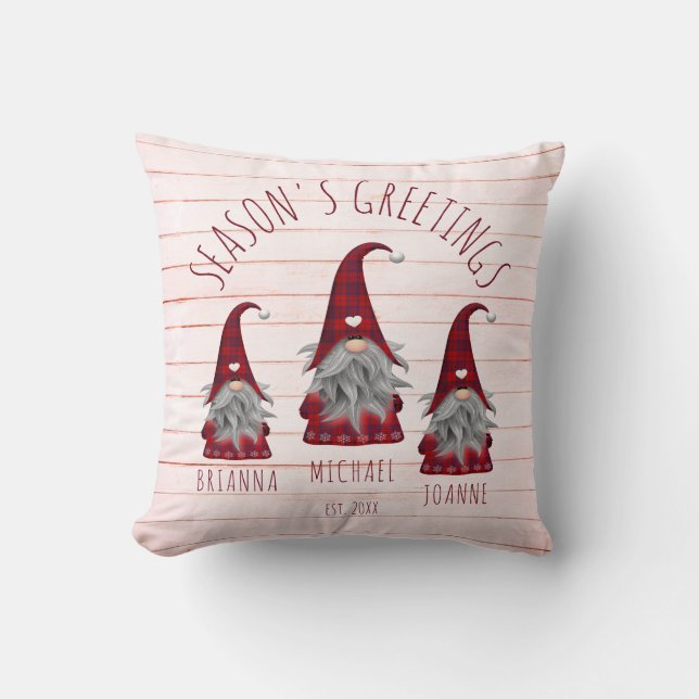 Cute Rustic Faux Wood Christmas Family Gnomes Thro Throw Pillow (Front)