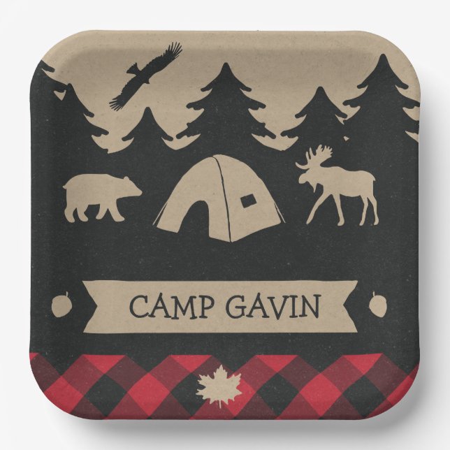 Cute Rustic Flannel Camping Birthday Party  Paper Plate (Front)