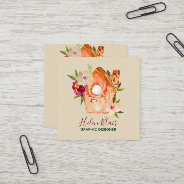 Cute rustic floral bird house business card (Front/Back In Situ)