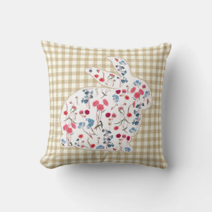 Cute Rustic Flower Easter Rabbit Beige Plaid Throw Pillow