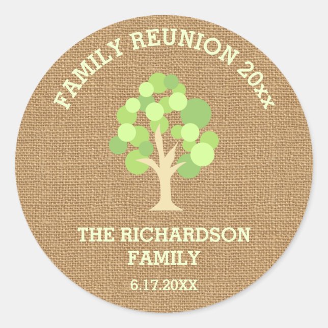 Cute Rustic Green Tree and Burlap Family Reunion Classic Round Sticker (Front)