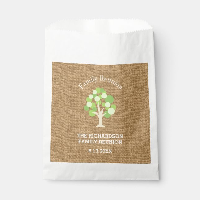 Cute Rustic Green Tree and Burlap Family Reunion Favour Bag (Front)