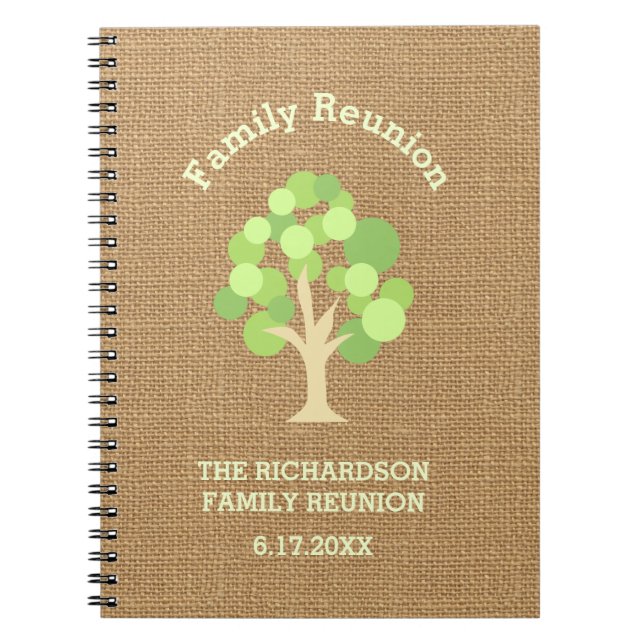 Cute Rustic Green Tree and Burlap Family Reunion Notebook (Front)