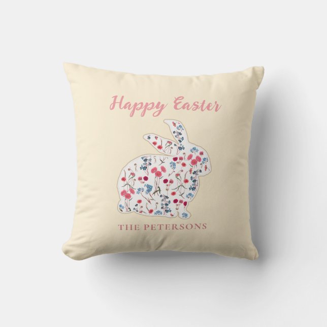 Cute Rustic Happy Easter Flower Rabbit Pink Plaid  Throw Pillow (Front)