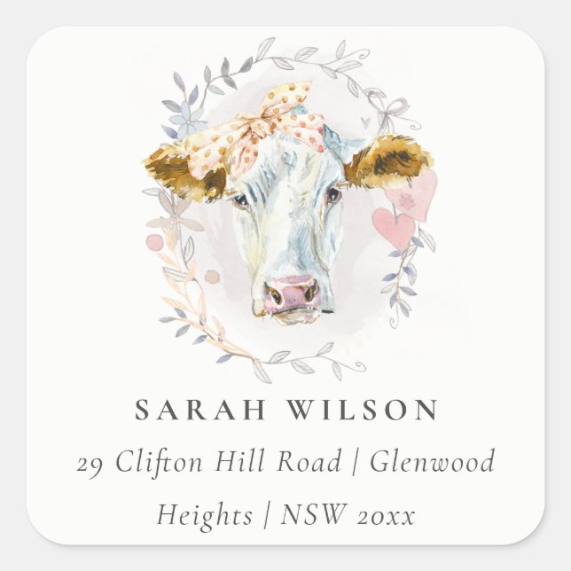 Cute Rustic Holy Cow Farm Floral Wreath Address Square Sticker (Front)