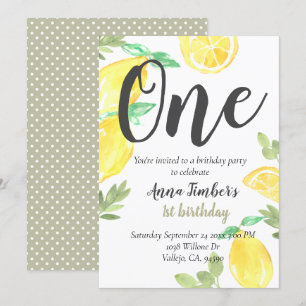 Cute rustic lemon 1st birthday kid party invite