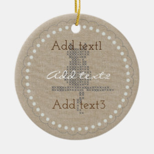 Cute Rustic Linen Look Cat Add Photo Text Ceramic Ornament