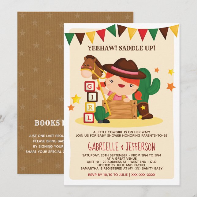 Cute Rustic Little Cowgirl Baby Shower Theme Invitation (Front/Back)