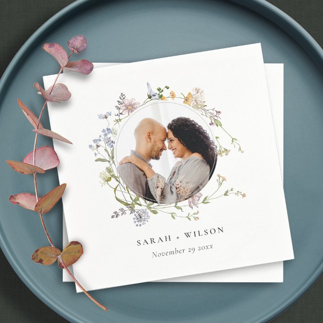 Cute Rustic Meadow Floral Wreath Photo Wedding Napkin (Creator Uploaded)