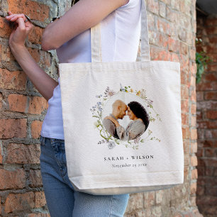 Cute Rustic Meadow Floral Wreath Photo Wedding Tote Bag