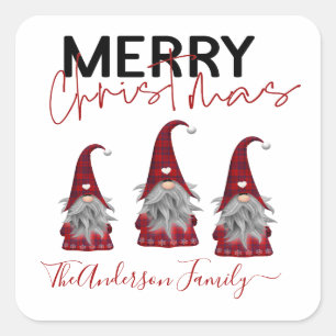 Cute Rustic Merry Christmas Family Name Gnomes Square Sticker