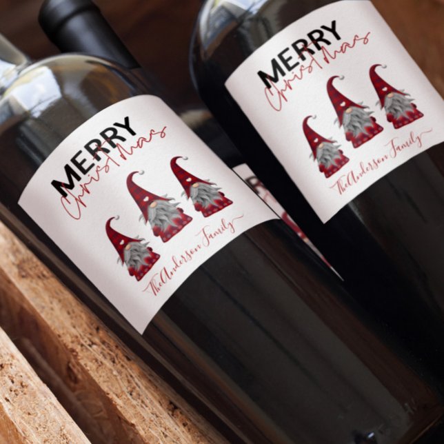 Cute Rustic Merry Christmas Family Name Gnomes Wine Label (Creator Uploaded)