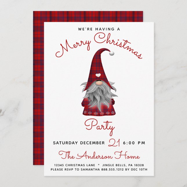 Cute Rustic Merry Christmas Party Plaid Gnome  Invitation (Front/Back)