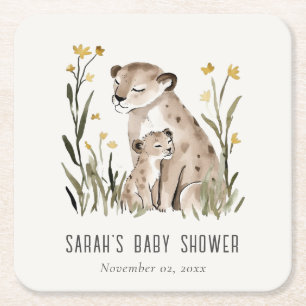 Cute Rustic Mum and Baby Tiger Foliage Baby Shower Square Paper Coaster