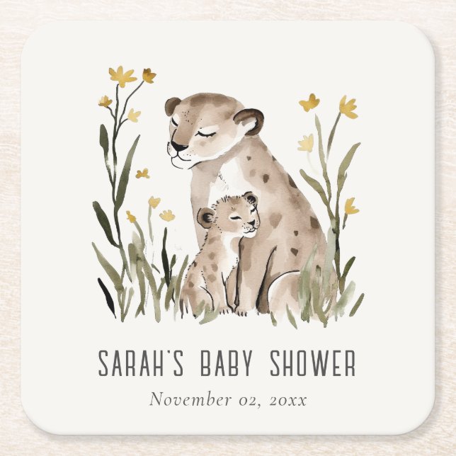 Cute Rustic Mum and Baby Tiger Foliage Baby Shower Square Paper Coaster (Front)