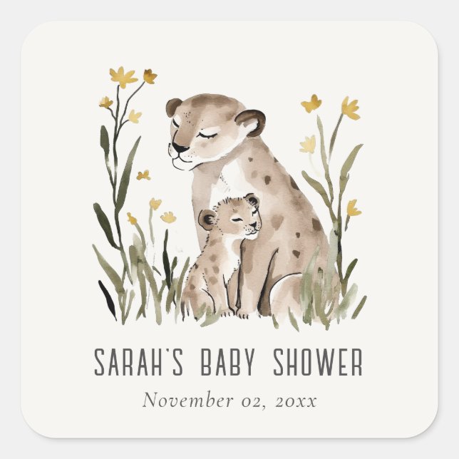 Cute Rustic Mum and Baby Tiger Foliage Baby Shower Square Sticker (Front)