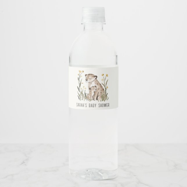 Cute Rustic Mum and Baby Tiger Foliage Baby Shower Water Bottle Label (Front)
