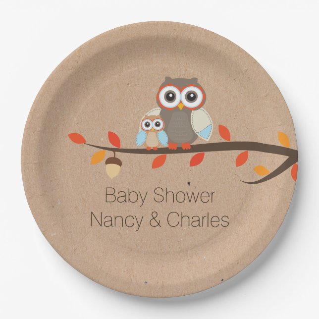 Cute Rustic Owls Baby Shower Plate (Front)