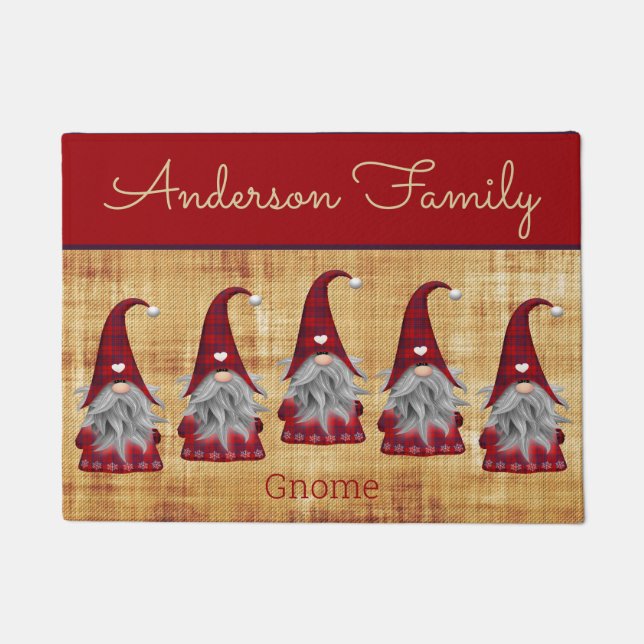 Cute Rustic Personalized Christmas Gnome Elf Doormat (Front)