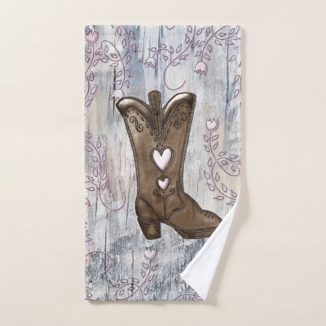 Cute Rustic Pink Cowgirl Heart Boots Farmhouse  Bath Towel Set (Hand Towel)
