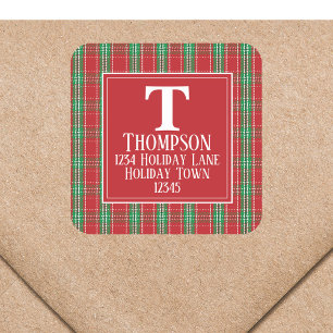 Cute Rustic Plaid Monogram Holiday Return Address  Square Sticker