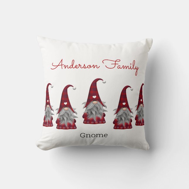Cute Rustic Plaid Personalized Christmas Gnome Elf Throw Pillow (Front)