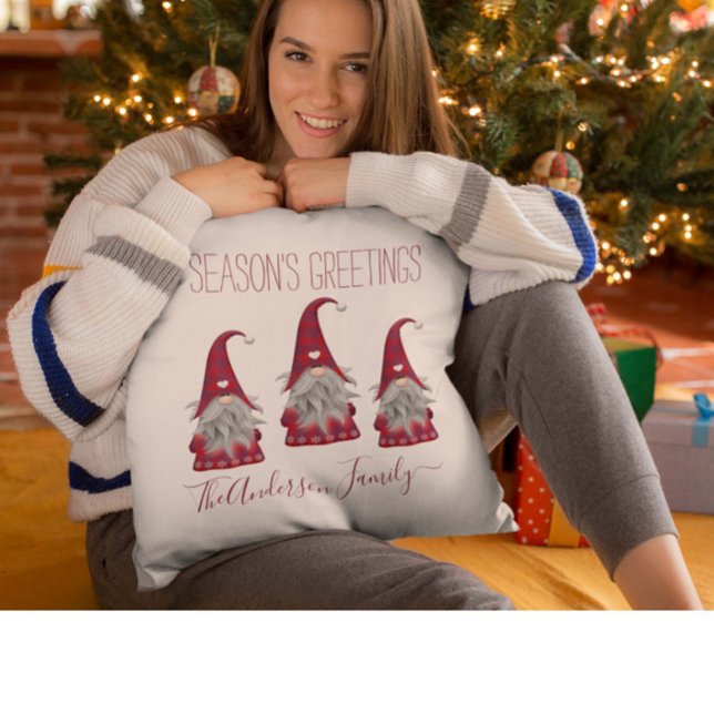 Cute Rustic Plaid Personalized Christmas Gnome Elf Throw Pillow (Creator Uploaded)