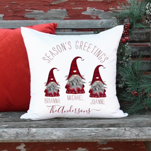 Cute Rustic Plaid Personalized Christmas Gnomes Throw Pillow (Creator Uploaded)