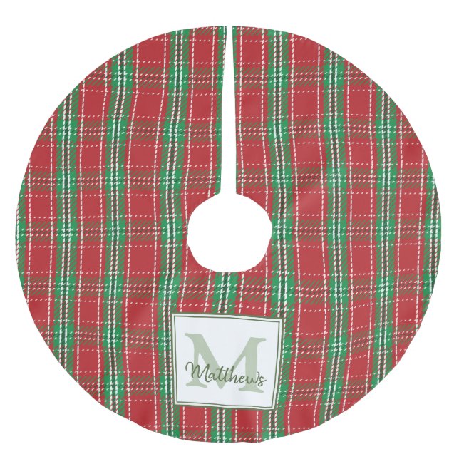 Cute Rustic Red Tartan Plaid Holiday Family Name Brushed Polyester Tree Skirt (Front)