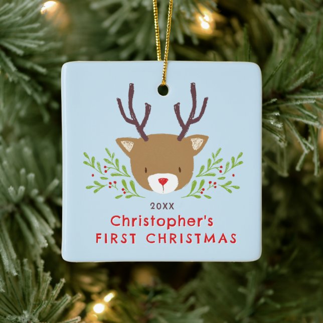 Cute Rustic Reindeer Baby's First Christmas  Ceramic Ornament (Tree)