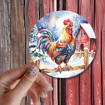 Cute Rustic Rooster Farm Themed Christmas Classic Round Sticker<br><div class="desc">Cute Christmas stickers with a farm theme. Red rustic barn and a chicken standing on a red fence.</div>