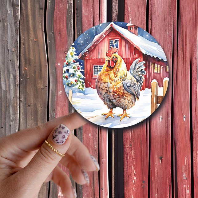 Cute Rustic Rooster Farm Themed Christmas Classic Round Sticker (Creator Uploaded)