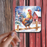 Cute Rustic Rooster Farm Themed Christmas Square Sticker<br><div class="desc">Cute Christmas stickers with a farm theme. Red rustic barn and a chicken standing on a red fence.</div>