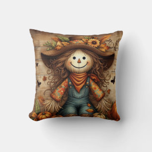 Cute Rustic Scarecrow and Autumn Foliage Throw Pillow