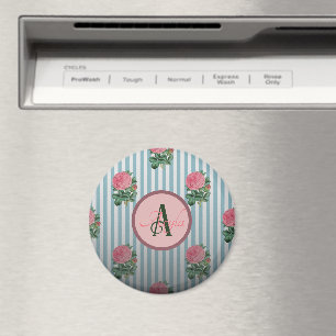 Cute Rustic Stripe Pink Roses Pattern Monogram Magnet