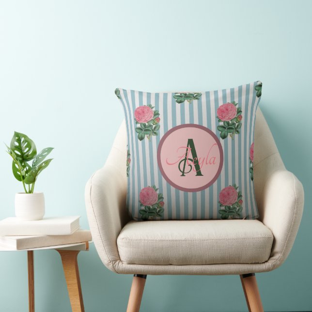 Cute Rustic Stripe Pink Roses Pattern Monogram Throw Pillow (Chair)
