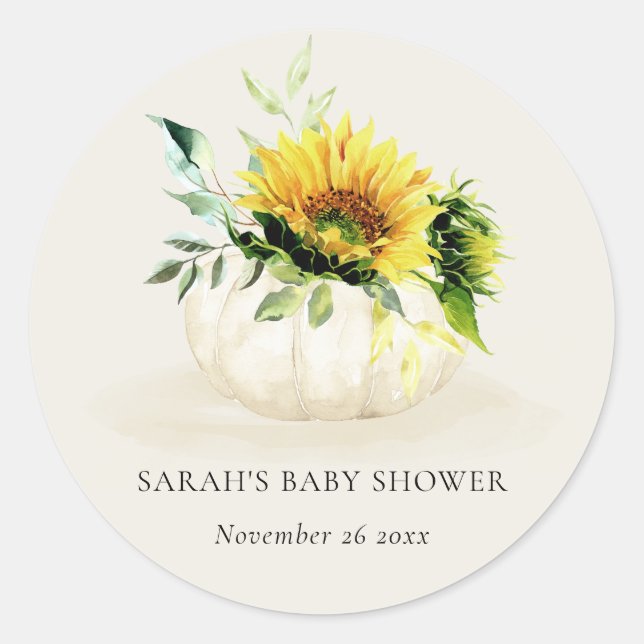 Cute Rustic Sunflower Pumpkin Floral Baby Shower  Classic Round Sticker (Front)