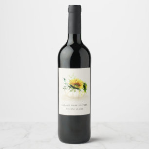 Cute Rustic Sunflower Pumpkin Floral Baby Shower Wine Label