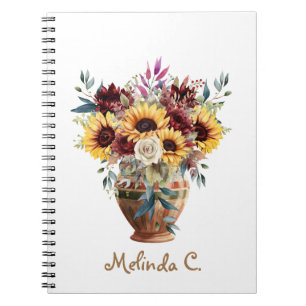 Cute Rustic Sunflowers & Burgundy Floral Notebook