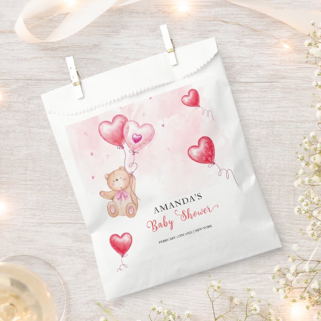 Cute Rustic Teddy Bear Heart Balloon Baby Shower  Favour Bag (Clipped)