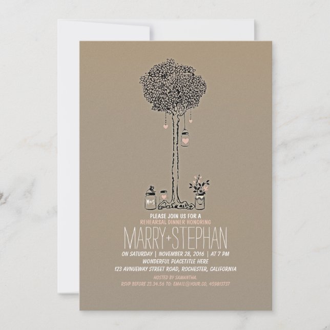 cute rustic tree and mason jars rehearsal dinner invitation (Front)