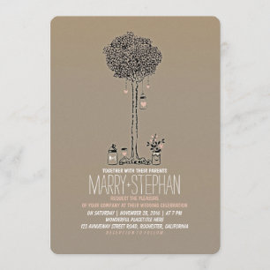 Cute rustic tree and mason jars wedding invitation