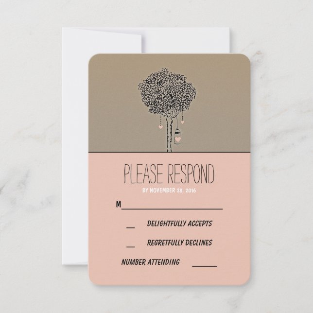 Cute rustic tree and mason jars wedding RSVP card (Front)
