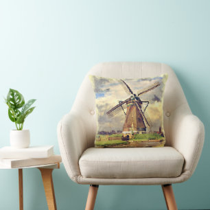 Cute Rustic Vintage Dutch Windmill Watercolor Throw Pillow