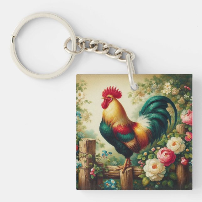 Cute rustic/vintage rooster keychain (Front)